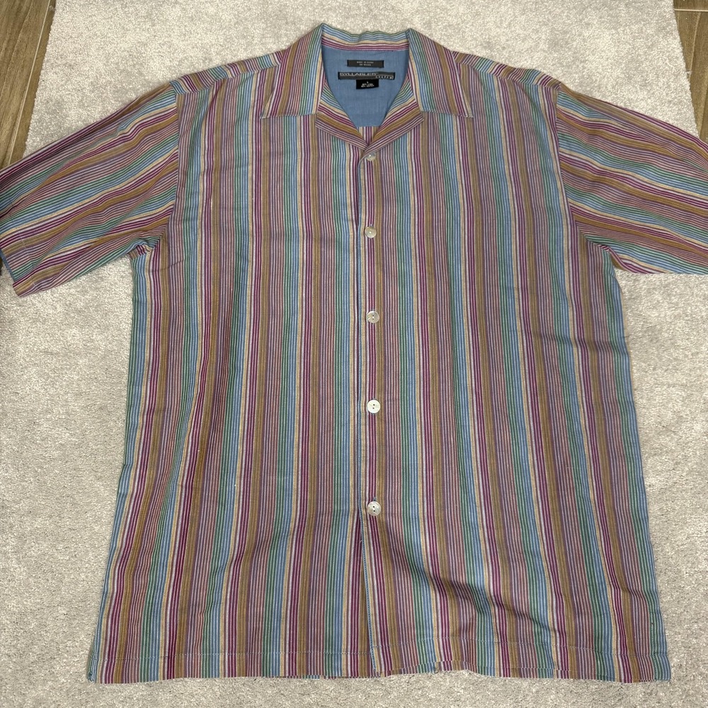 Syllables Shirt Mens Large Multicolor Striped Linen Button Up Short Sleeve
